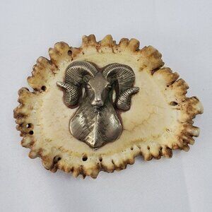 VTG Elk Antler Belt Buckle With Pewter Ram Big Horn Sheep Head Design 4x3 inches